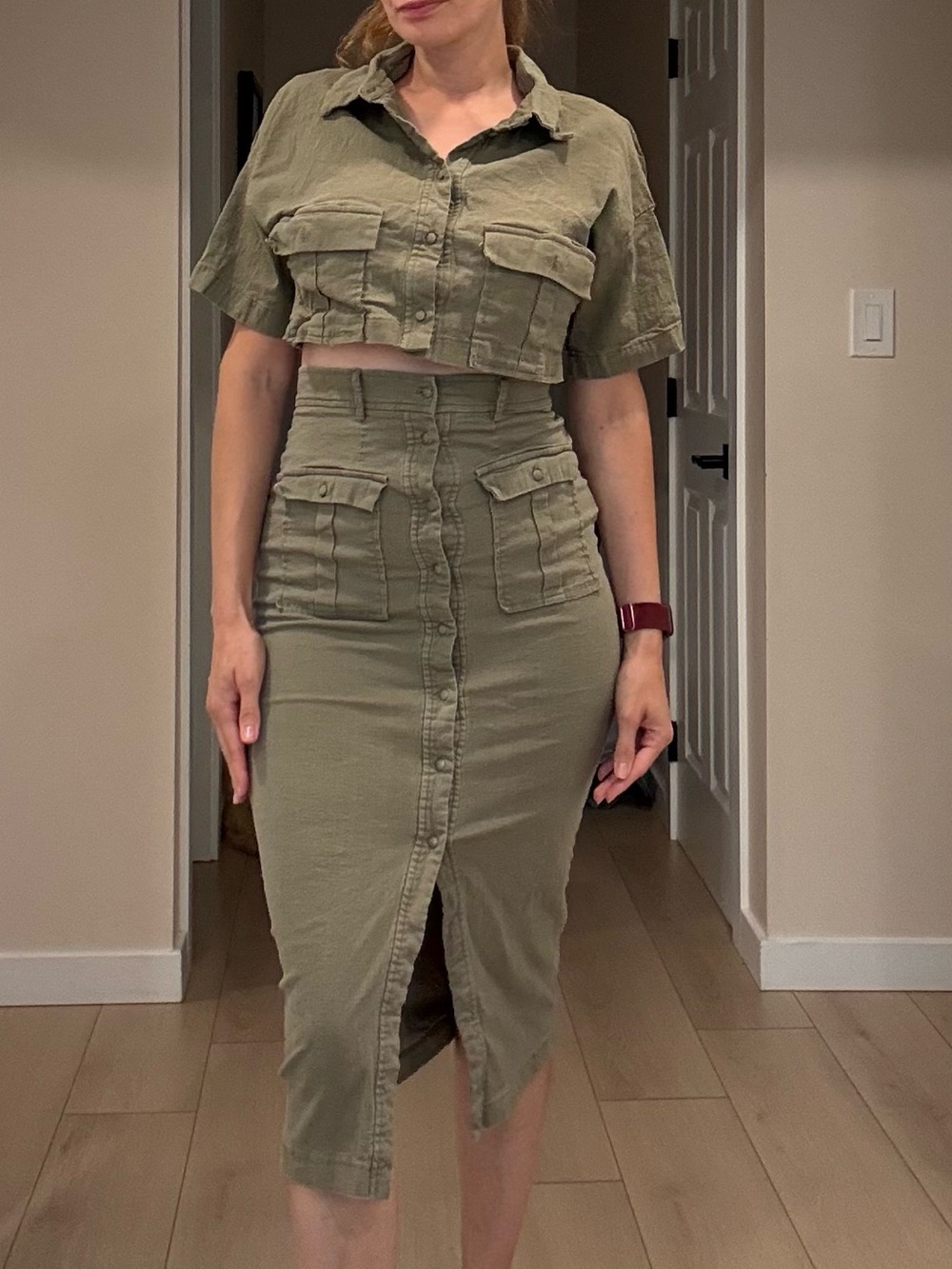 Showpo Olive Green Utility Crop Top & High-Waist Midi Skirt Set size 6